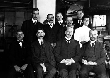 First staff members of the Geophysical Laboratory. Front row: G. R. Hoffman, E. T. Allen, A. L. Day (director), and W. P. White. Back row: W. Beck, C. W. H. Ellis, F. E. Wright, B. D. Chamberlain, J. K. Clement, and A. F. Susan. Photograph by E. S. Shepherd, 1906.